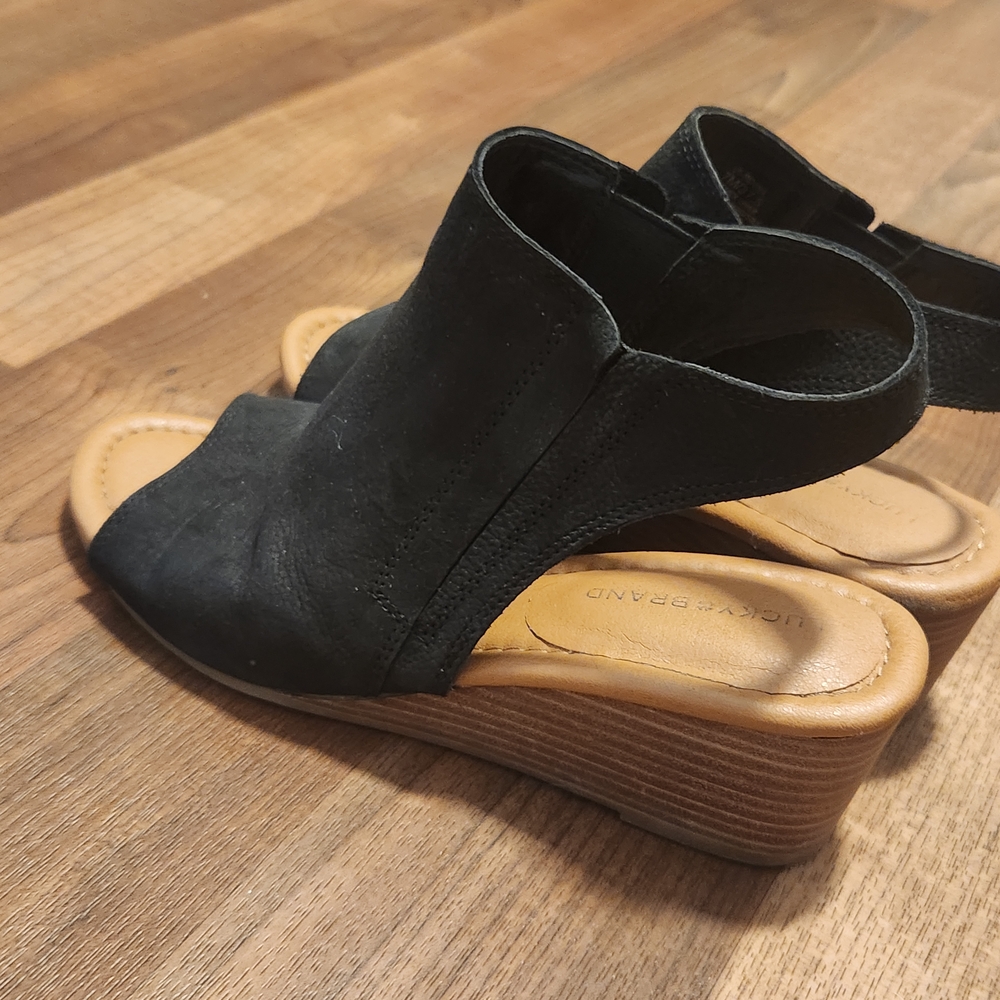Lucky Brand Black and Tan Wedge Shoes.
